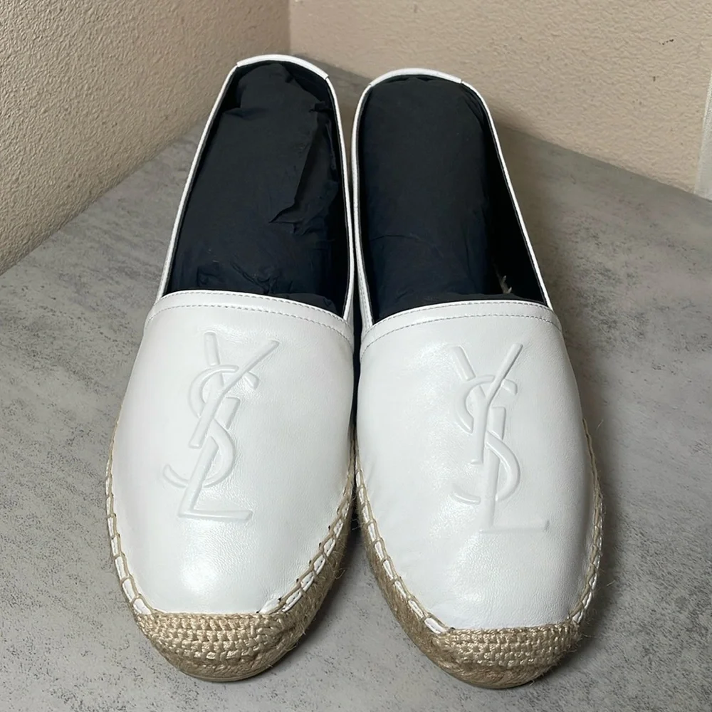 YSL Yves Saint Laurent White Leather Espadrilles Slip Ons Size 39 - Picture 3 of 12